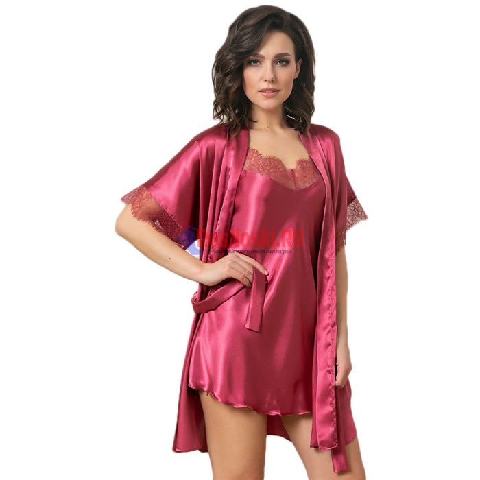 619 Халат женский FELISSE, атласный, однотонный, кружево на рукаве - фото 400804