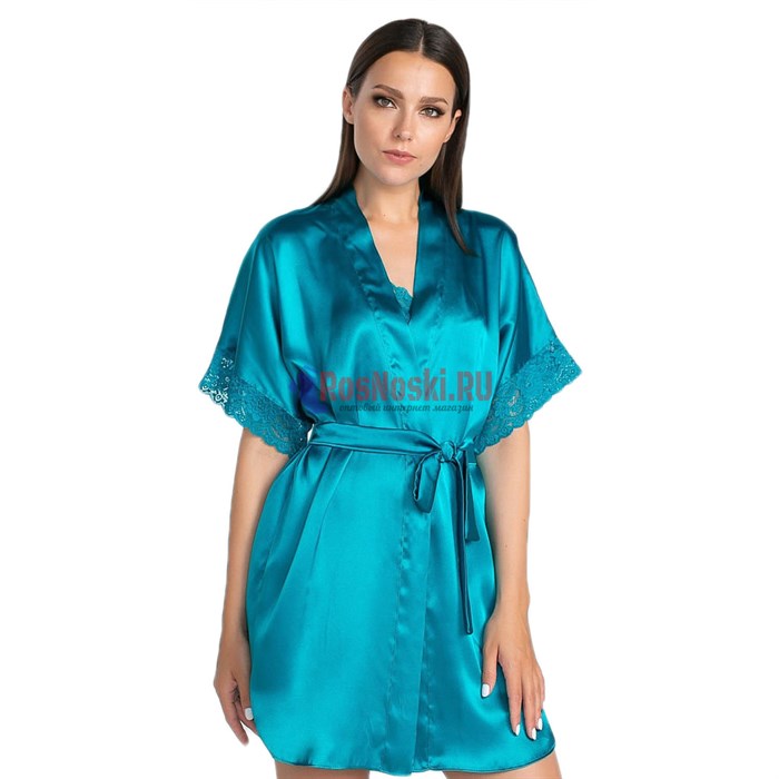 619 Халат женский FELISSE, атласный, однотонный, кружево на рукаве - фото 400806