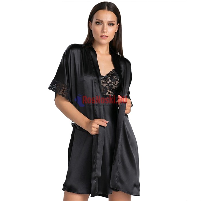 619 Халат женский FELISSE, атласный, однотонный, кружево на рукаве - фото 400811