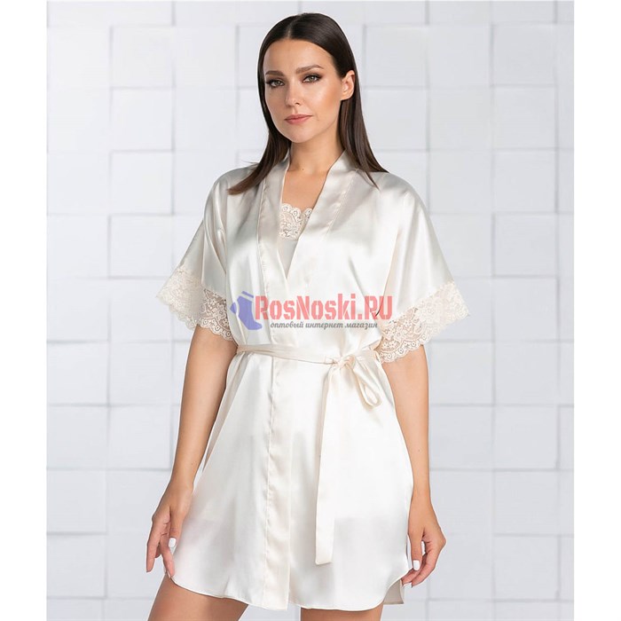 619 Халат женский FELISSE, атласный, однотонный, кружево на рукаве - фото 400819