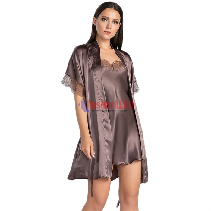 619 Халат женский FELISSE, атласный, однотонный, кружево на рукаве - фото 400824