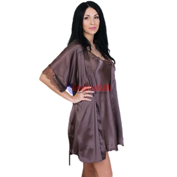 619 Халат женский FELISSE, атласный, однотонный, кружево на рукаве - фото 400826