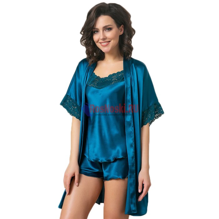619 Халат женский FELISSE, атласный, однотонный, кружево на рукаве - фото 400829