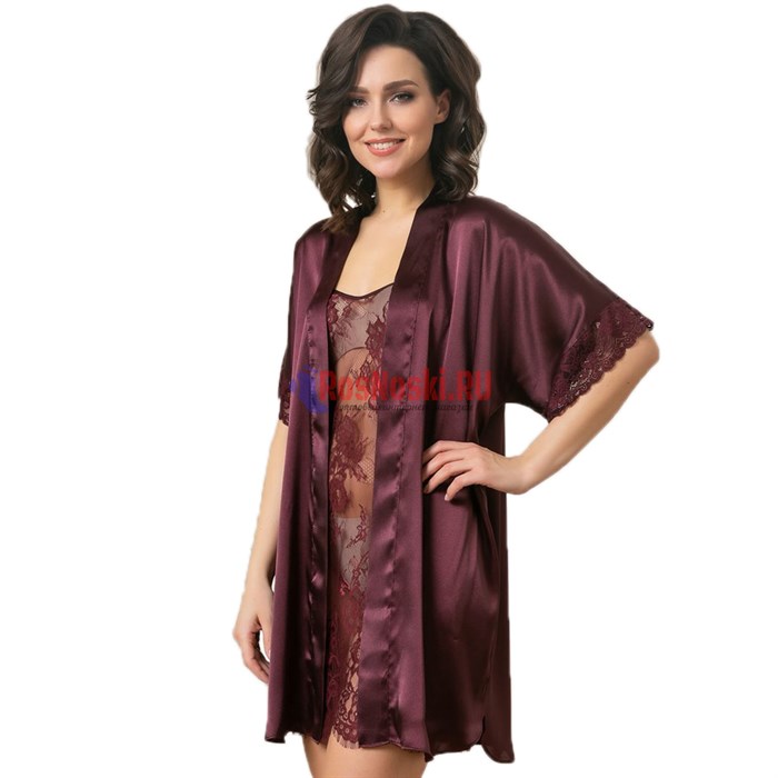 619 Халат женский FELISSE, атласный, однотонный, кружево на рукаве - фото 400833