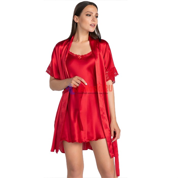 619 Халат женский FELISSE, атласный, однотонный, кружево на рукаве - фото 400835