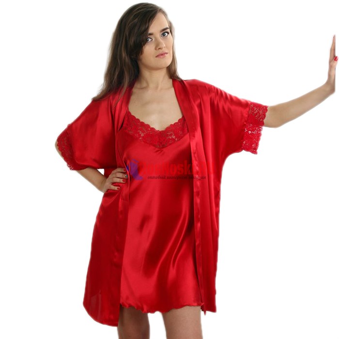 619 Халат женский FELISSE, атласный, однотонный, кружево на рукаве - фото 400837