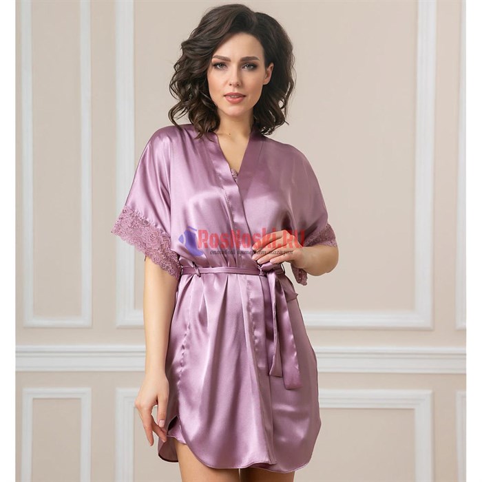 619 Халат женский FELISSE, атласный, однотонный, кружево на рукаве - фото 400838