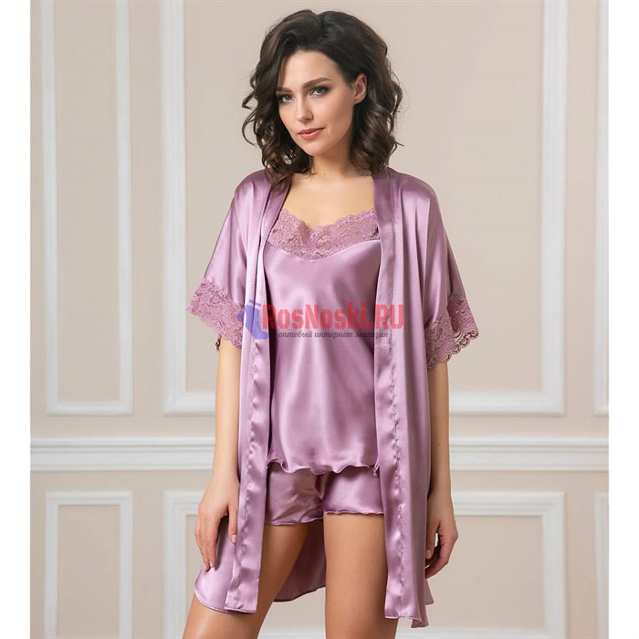 619 Халат женский FELISSE, атласный, однотонный, кружево на рукаве - фото 400839