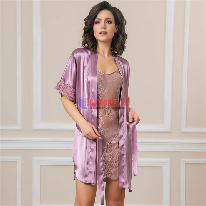 619 Халат женский FELISSE, атласный, однотонный, кружево на рукаве - фото 400840