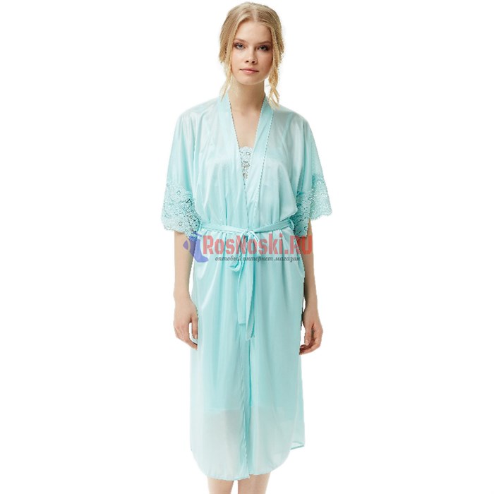 8603 Халат женский MARBIN LINGERIE, кружево на рукаве, ниже колена - фото 764862