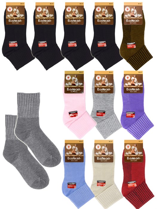 6024-5 Носки женские БАЙВЭЙ, медицинские, хлопок, ослабленная резинка - фото 786855